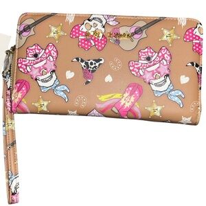 BETSEY JOHNSON LARGE BROWN SKELETON SKULL WESTERN HAT BOOTS WRISTLET WALLET NWT